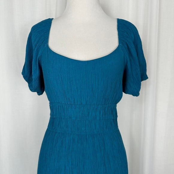 Max Ash Womens Tiered Midi Dress Medium Teal Regency Milkmaid Cottage Crinkled - Picture 2 of 7